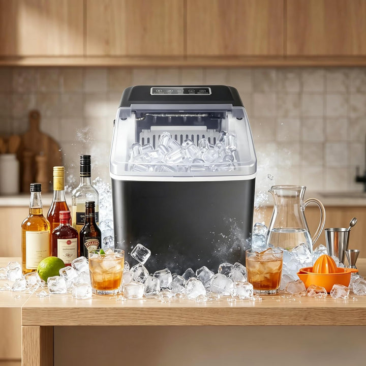 Eiswürfelmaschine Klein 15kg/24h mit Sichtfenster, Eiswürfel in 6-10 Minuten mit Griff, Eisschaufel