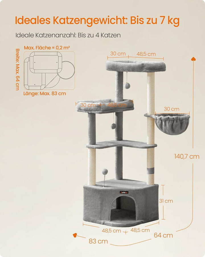 Feandrea Kratzbaum, Katzenbaum, 48,5 x 48,5 x 140,7 cm, Katzenkratzbaum mit grosser Kuschelhöhle, gr
