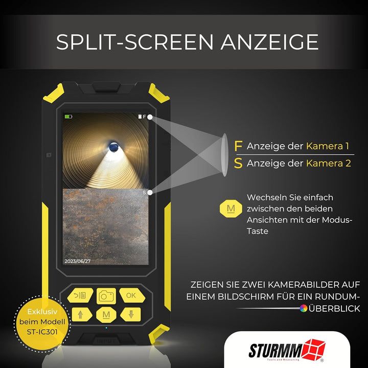 Industrielles Endoskop mit Doppelkamera, 10 Meter Kabel und 4,5-Zoll-IPS-Display.