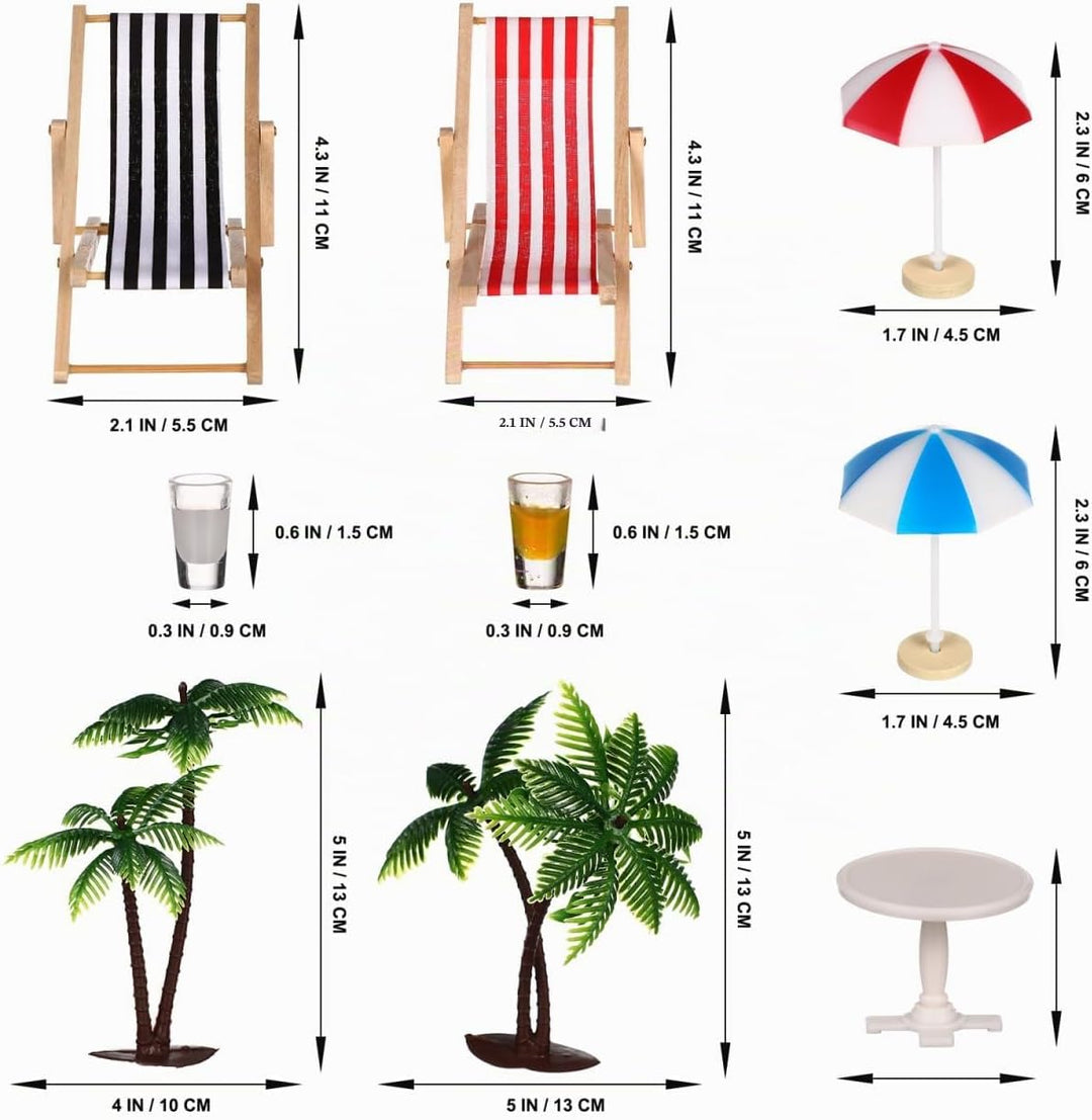 9 Stück Miniatur-Stranddeko Set: Palmen, Sonnenschirme, Liegestühle, Getränke Und Runder Tisch Für D