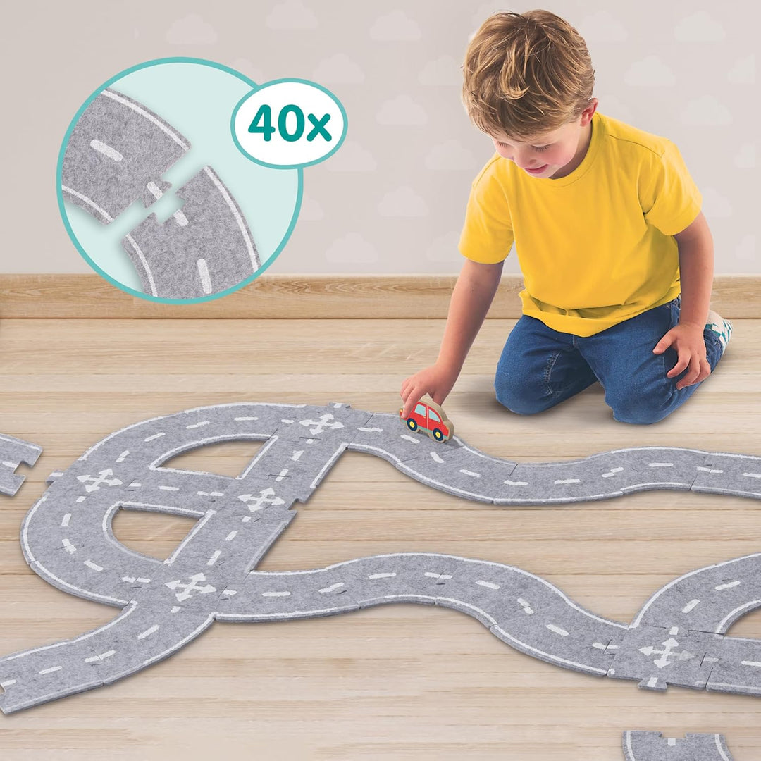 SES Creative 13152 Filz-Strassen-Set 40 Teile mit Auto - Spielset für Kinder ab 24 Monaten - Persona