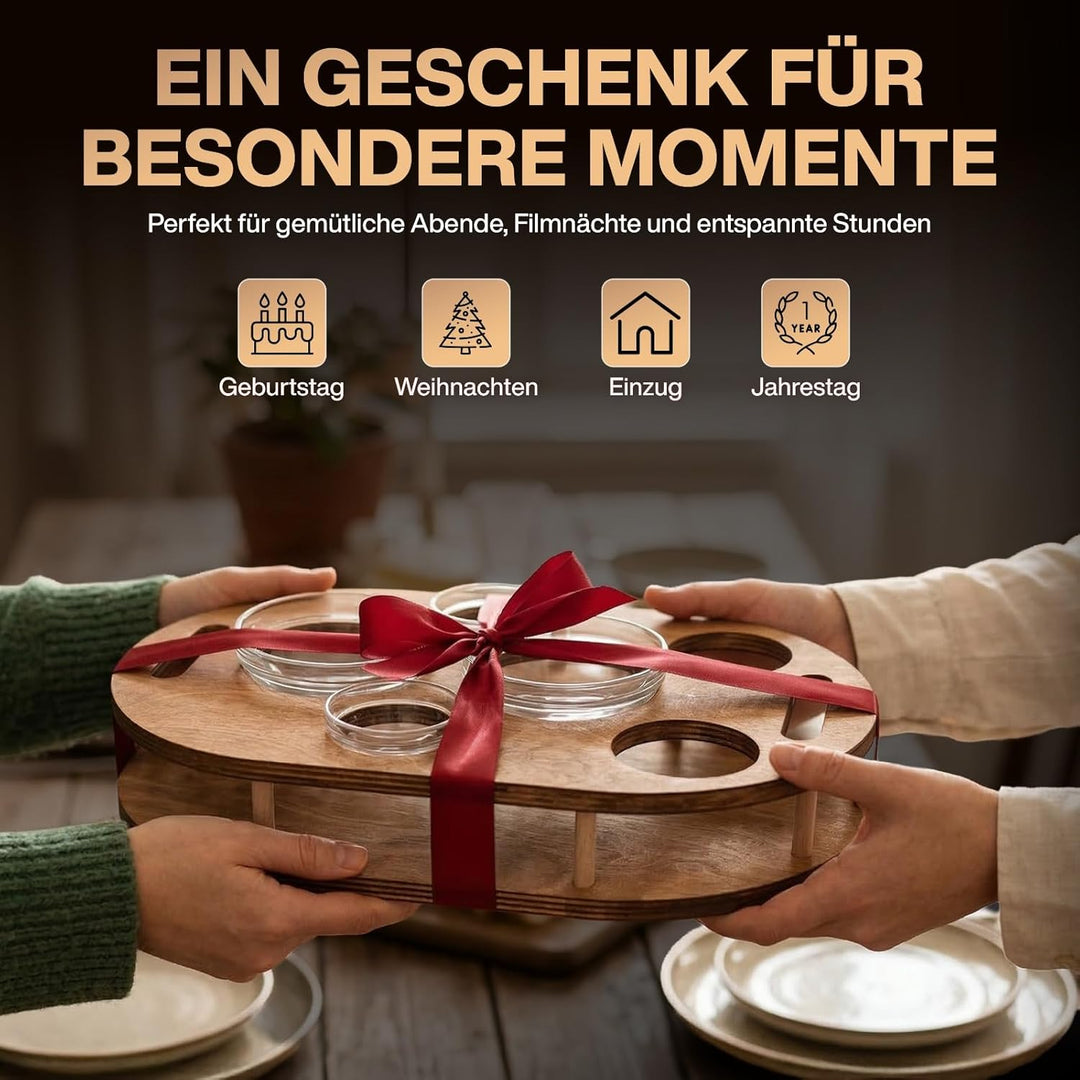 Couchbar Snackbox mit 4 Glasschalen - Sofabar für Snacks und Getränke - Couchtabletts mit Getränkeha