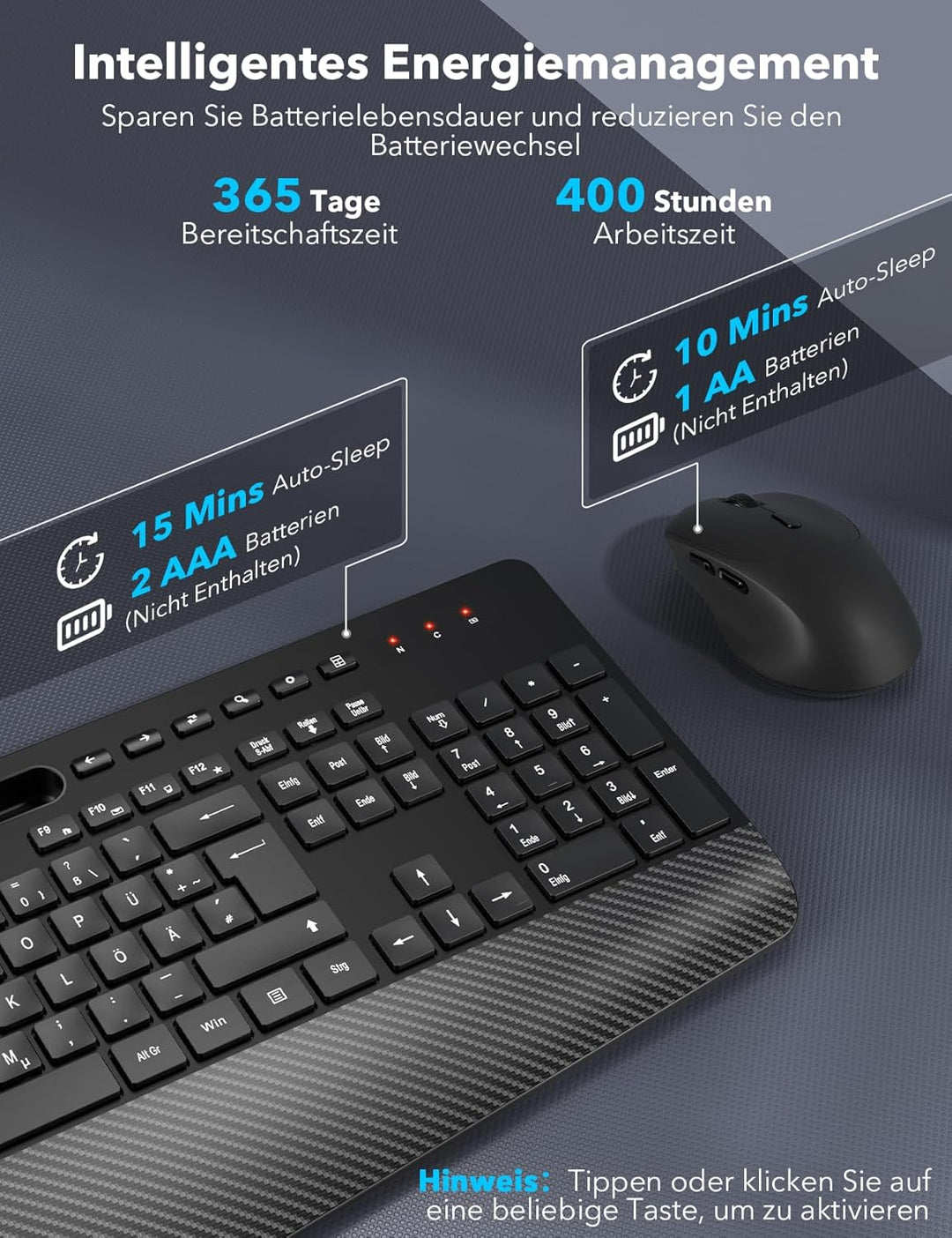 Tastatur Maus Set Kabellos, Ergonomische Tastatur in Voller Grösse mit Handgelenkauflage, Telefonhal