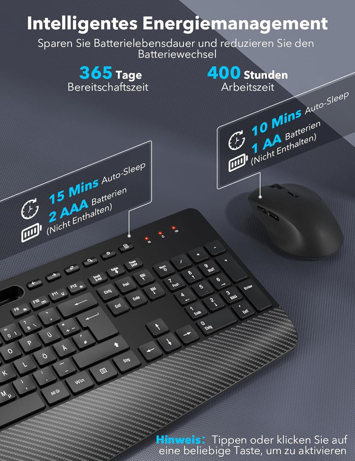 Tastatur Maus Set Kabellos, Ergonomische Tastatur in Voller Grösse mit Handgelenkauflage, Telefonhal