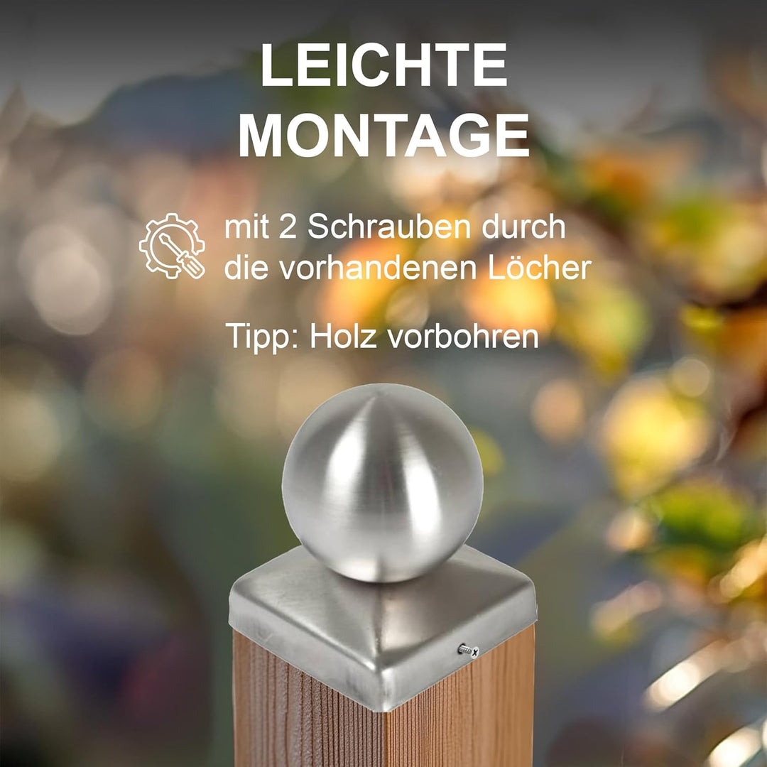 h2i Pfostenkappe Kugel | Edelstahl | 91 x 91 mm | 5 Stück | Eckige Abdeckkappe für Garten Holzpfoste