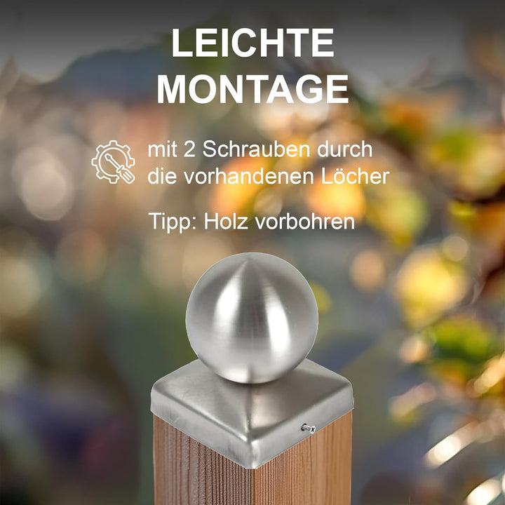 h2i Pfostenkappe Kugel | Edelstahl | 91 x 91 mm | 5 Stück | Eckige Abdeckkappe für Garten Holzpfoste