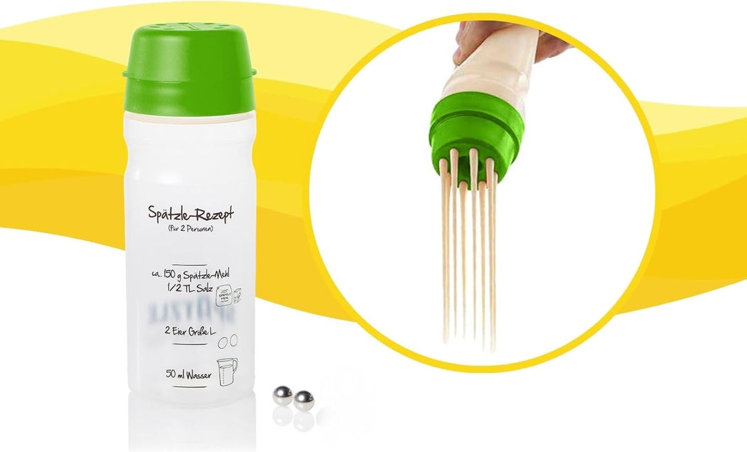 Spätzle-Shaker (GRÜN) für 2 Portionen selbstgemachte Spätzle (675ml) Spätzlepresse und Mixer in eine