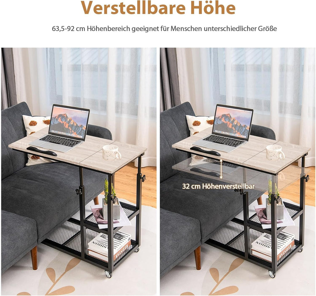 COSTWAY Laptoptisch mit höhen- und neigungsverstellbar, 3 Ebenen Beistelltisch, C-förmiger Sofatisch