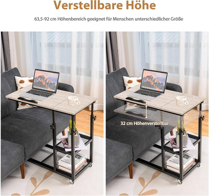 COSTWAY Laptoptisch mit höhen- und neigungsverstellbar, 3 Ebenen Beistelltisch, C-förmiger Sofatisch