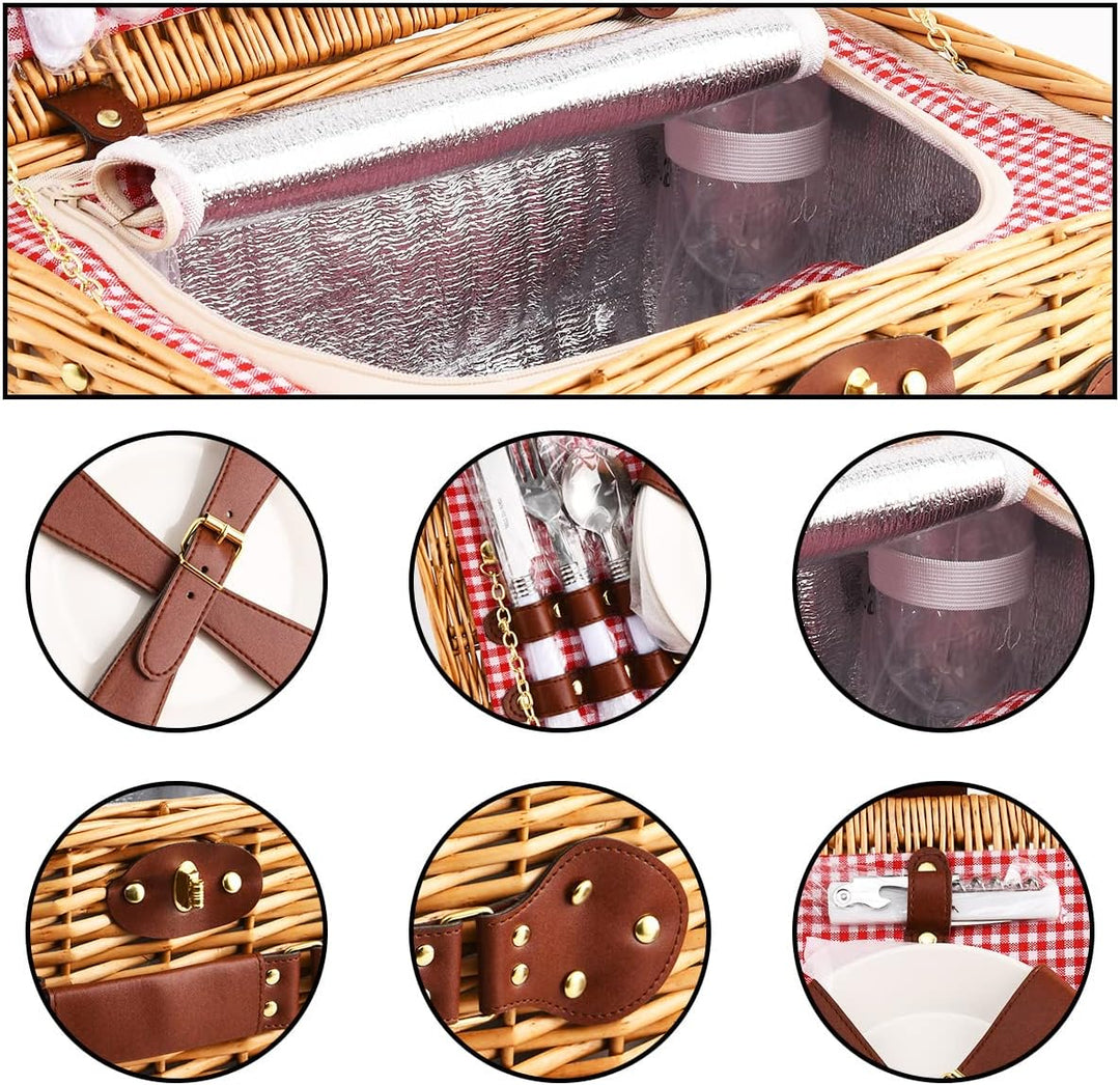 EIRONA Willow Hamper Picknickkorb für 4 Personen mit isoliertem Kühlfach und wasserdichter Decke, Be