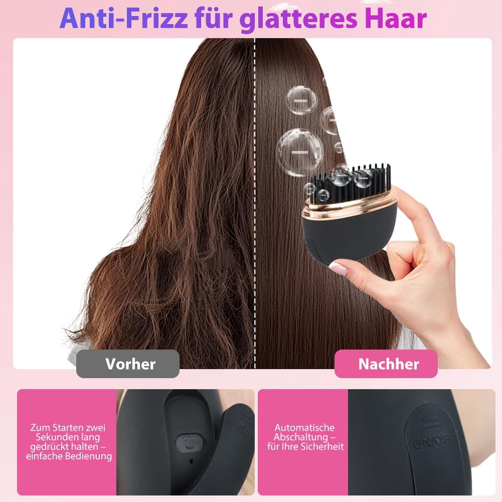 Mini Glätteisen Kabellos, 3 Temperaturstufen Haarglätter Bürste, Wiederaufladbare Tragbare Glättbürs