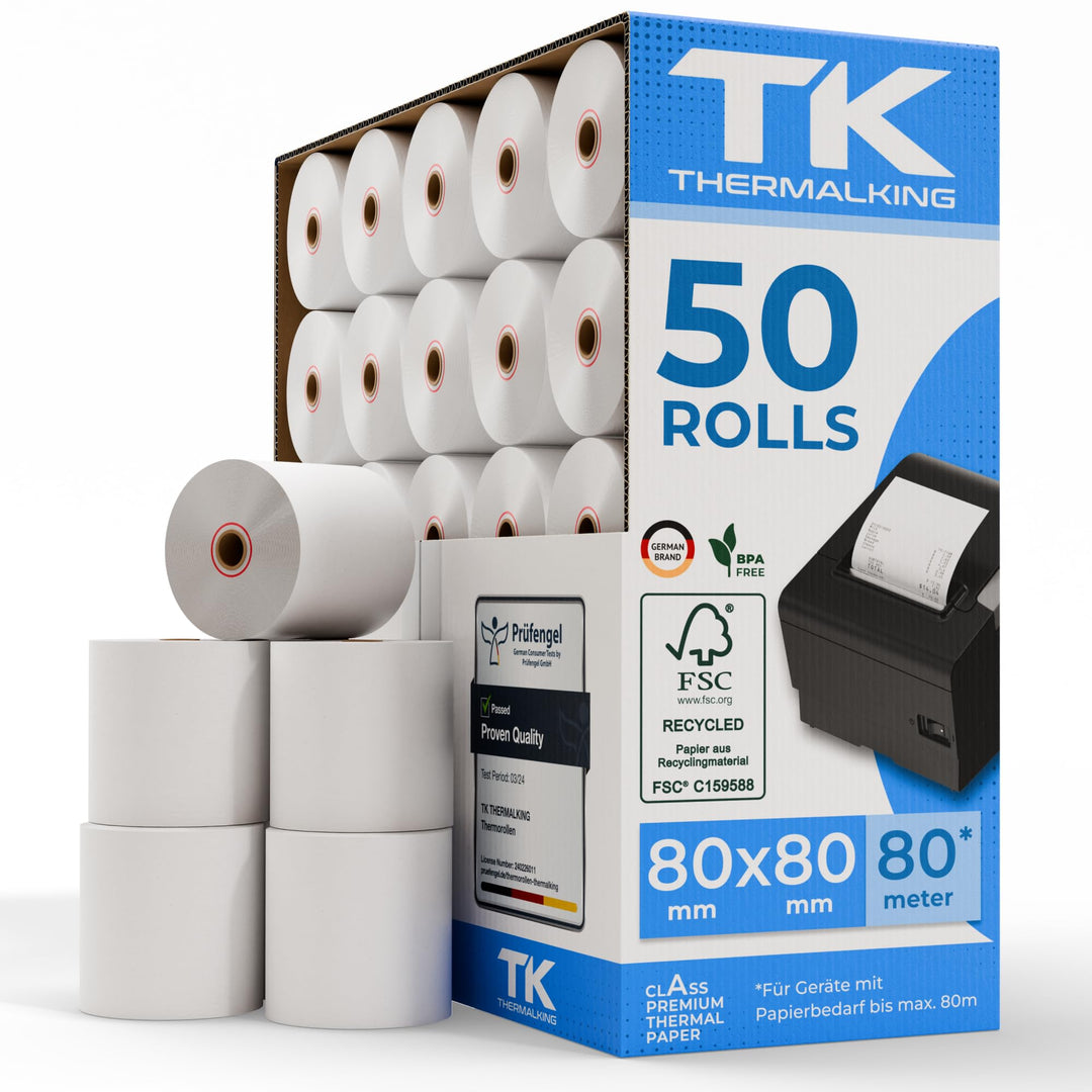 Thermorollen 80mm x 80mm x 12mm – Thermopapier Bonrollen (80 80 12) 48g - zertifiziert für Kassen-Dr