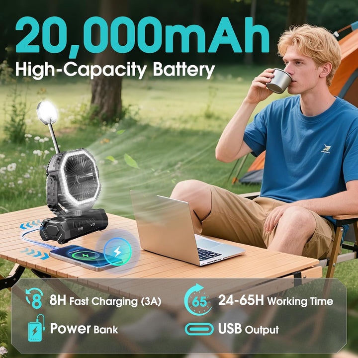 Camping Ventilator 20000mAh, Wiederaufladbarer Tischventilator USB Ventilator mit LED Licht & Haken,