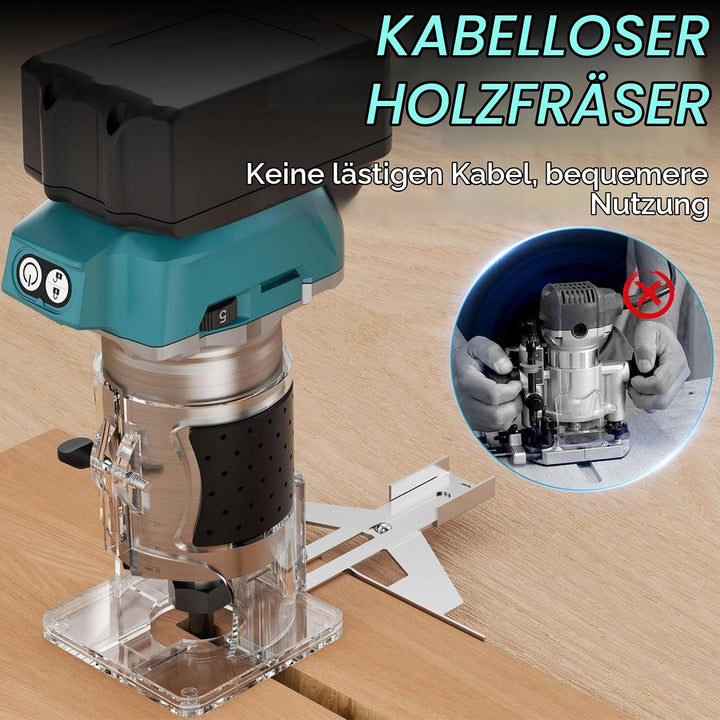 Akku Oberfräse kompatibel mit Makita 18V Akku, bürstenloser Motor,5 Geschwindigkeiten,800W 30000RPM,