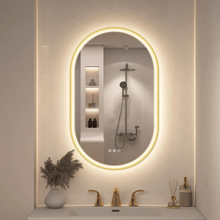 STARLEAD Gold Oval-LED-Badspiegel-mit-Beleuchtung 80x50cm, Bluetooth, Dimmbar, 3 Lichtfarben, Entfog