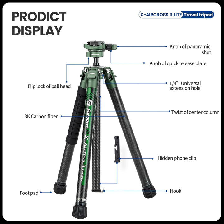 Fotopro Kohlefaser-Stativ 130 cm 360 Grad Kugelkopf, Schnellwechselplatte, leichtes Kamerastativ für