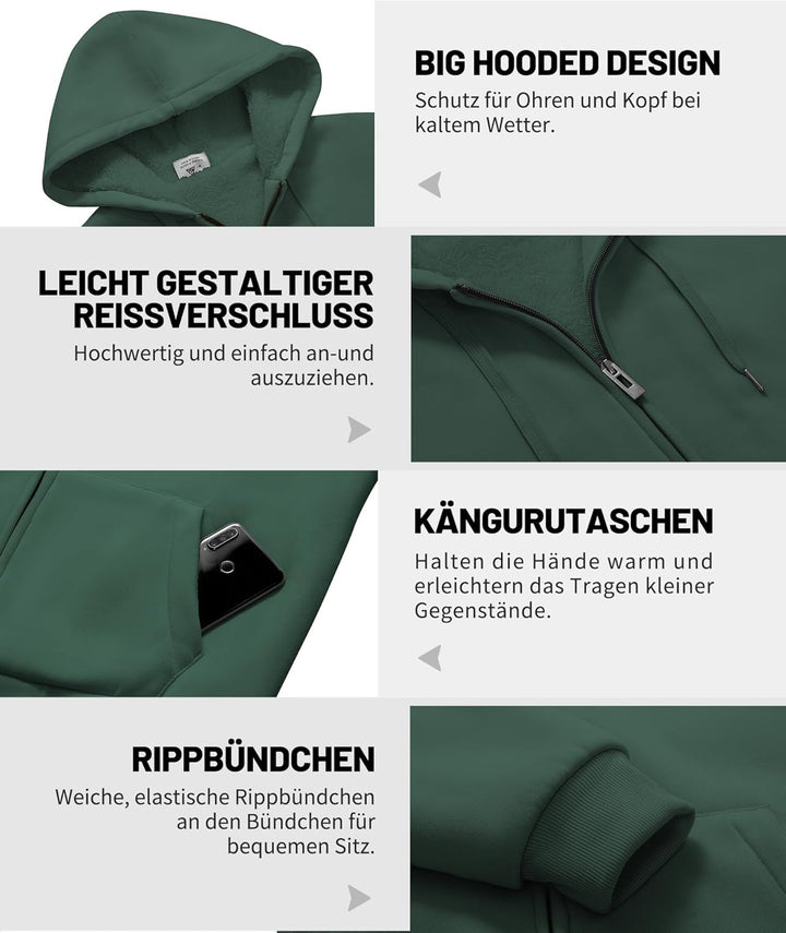 JACKETOWN Herren Sweatshirt Gefüttert Hoodie Reissverschluss Sweatjacke Warm Fleece Winterjacke Tedd