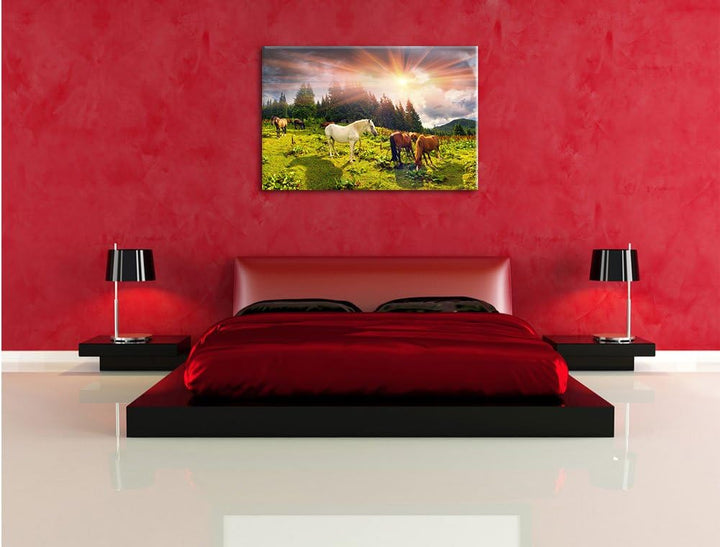 Pixxprint Mustangs Pferde auf den Bergen als Leinwandbild/Grösse: 100x70 cm/Wandbild/Kunstdruck/fert