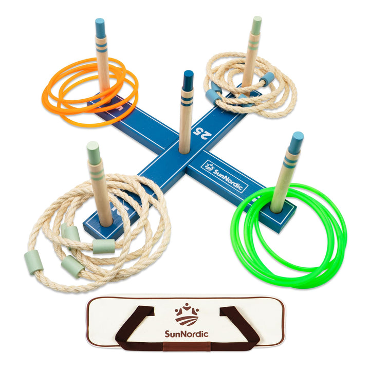 SunNordic Ringwurfspiel-Set aus Holz inklusive Wurfringen und Tragetasche Blue, Blue