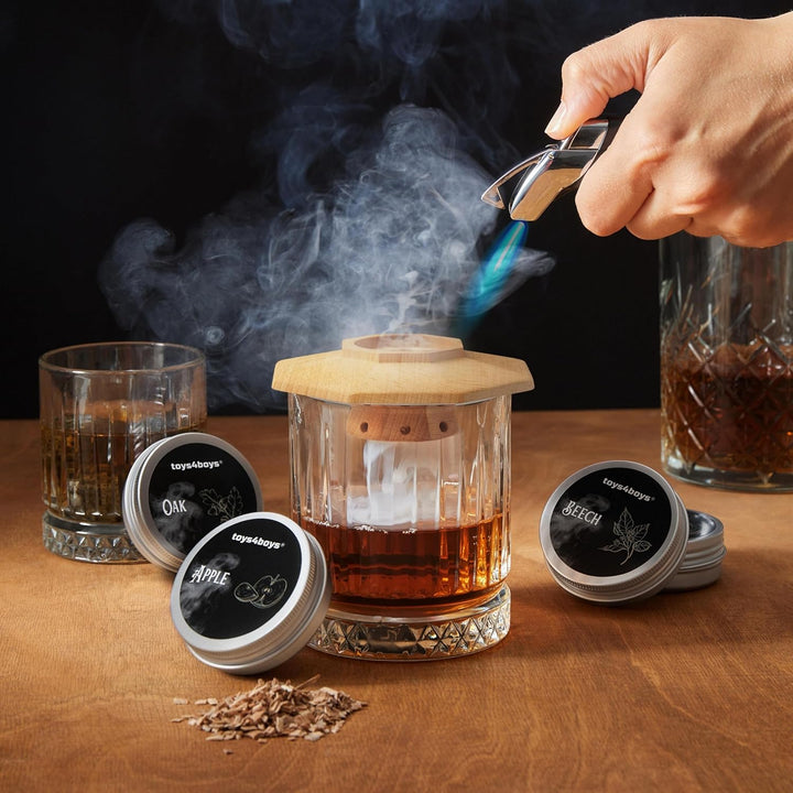 Toys4Boys Whisky Smoker Set - Premium Whiskey Smoker Set mit Holzhaube samt 4 Aromaspänen und Feuerz