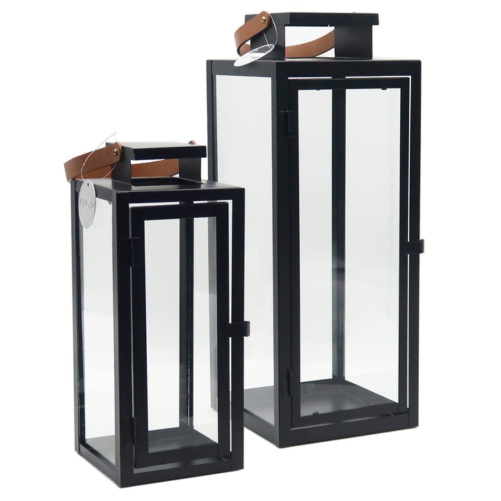 Dekovita 2er-Set Laterne in Schwarz 30cm/42cm - Gartenlaterne mit Glas-Scheiben und Kunstleder-Henke