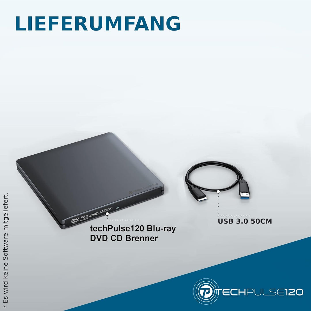 techPulse120 USB 3.0 3D Externer Blu-Ray Brenner Burner M-Disc BDXL Superdrive Blueray Rom Laufwerk
