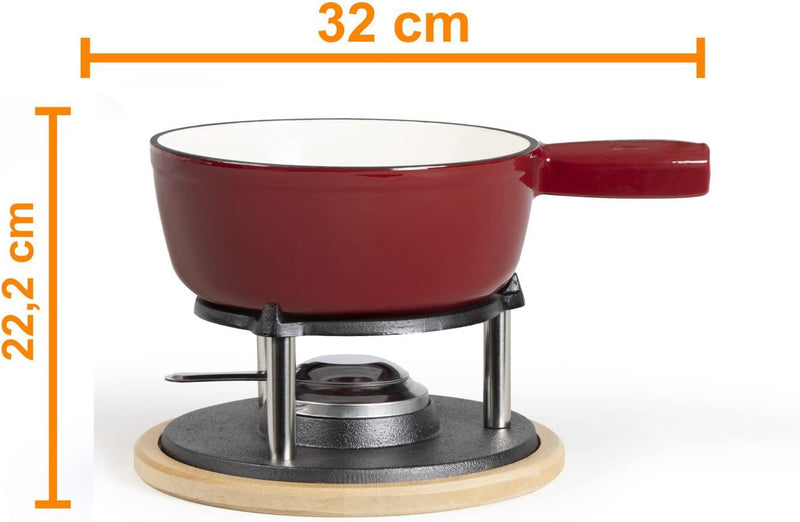 Fondue Gusseisen für Brennpaste Rot - Fondueset Traditionell Ohne Strom - Fleischfondue für 6 Person