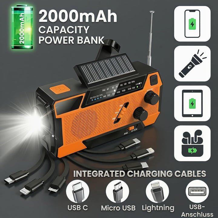 Notfall Radio Kurbelradio mit 3 USB-Lademöglichkeiten, Solar Radio 2000mAh Powerbank Typ-C/Micro-USB