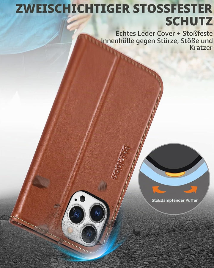 SHIELDON Hülle für iPhone 13 Pro Max Handyhülle TPU [Echtleder] [Kartenfach] [Magnet] [Standfunktion