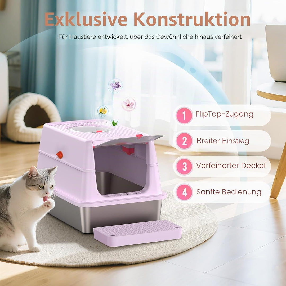 XXL Katzentoilette Edelstahl (V2A) - 3-in-1 Geschlossenes Katzenklo mit 160° Klappdeckel & Geruchsfi