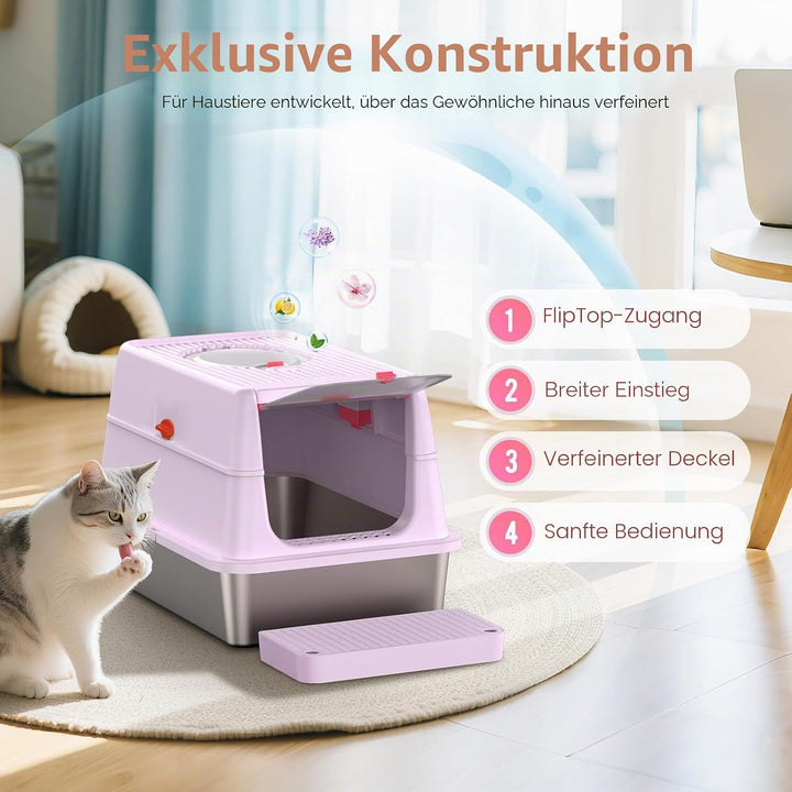 XXL Katzentoilette Edelstahl (V2A) - 3-in-1 Geschlossenes Katzenklo mit 160° Klappdeckel & Geruchsfi
