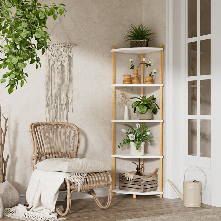 Ruichang Eckregal stehend mit 5 Ebenen, bücherregal Holz, Standregal, Aufbewahrungsregal, Lagerregal