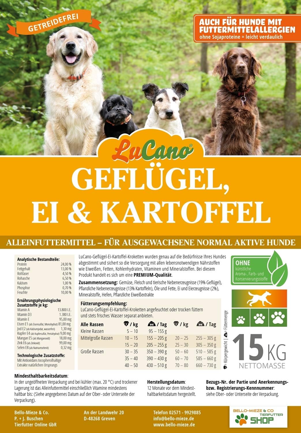 LuCano 15 kg Geflügel-Ei-Kartoffel | getreidefreies Hunde Trockenfutter | Hundefutter ohne Getreide