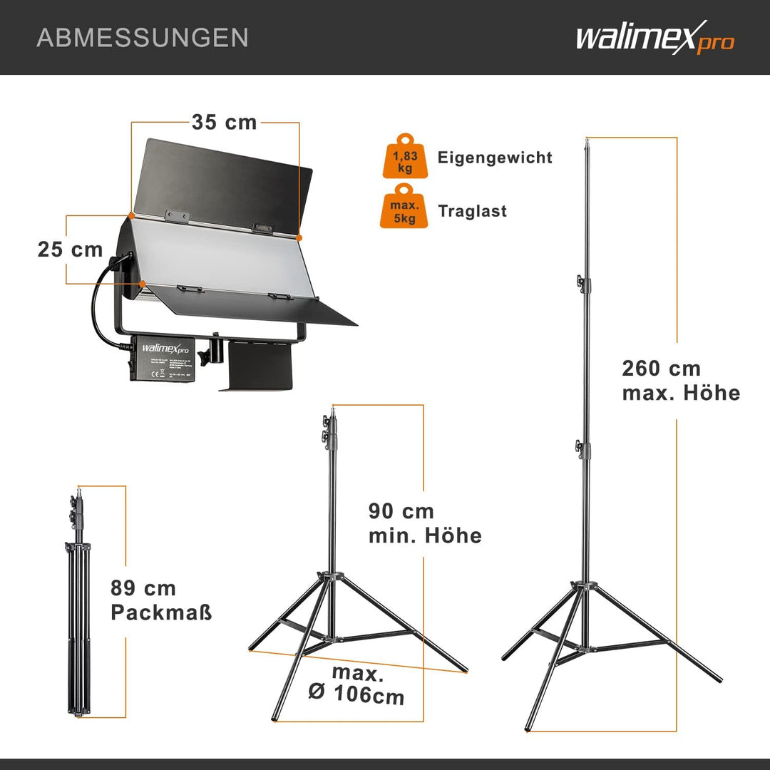 Walimex pro LED Sirius 160 Bi Color Set mit Stativ - 1x 65W Bi Color Flächenleuchte, Studioleuchte,