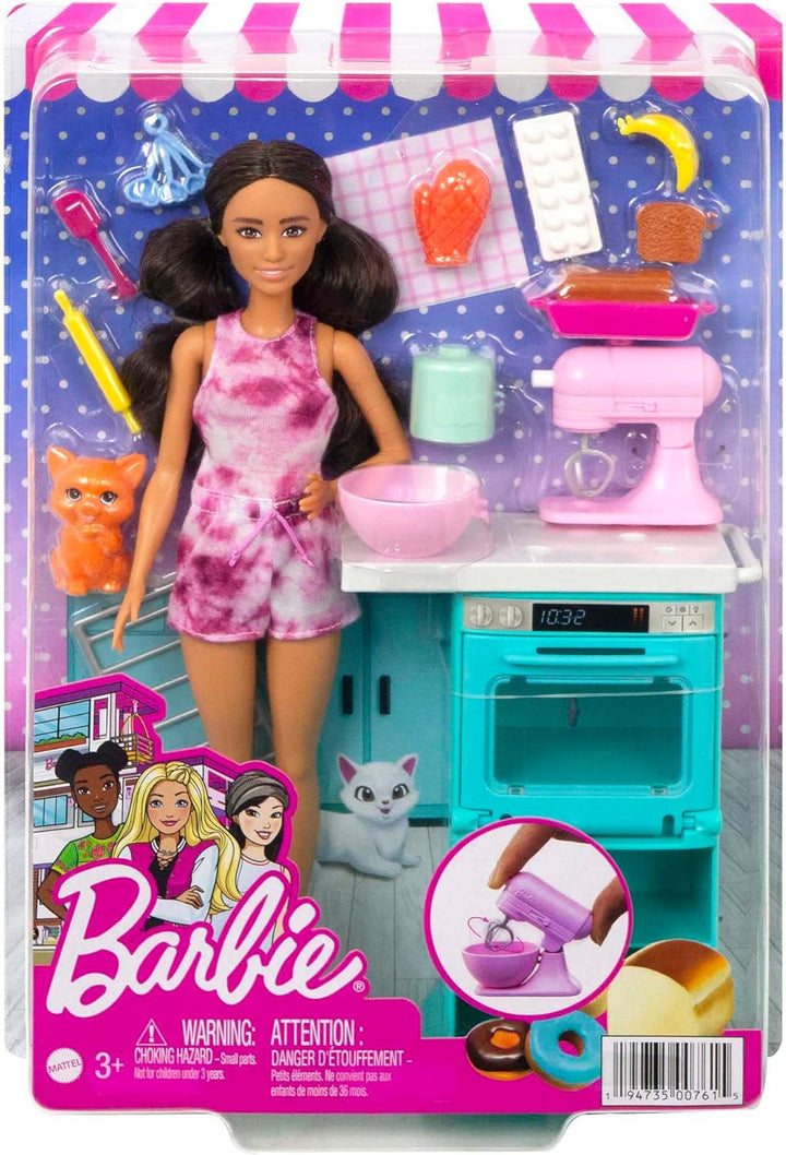 Barbie-Küchenspielzeug, gewellten braunen Haaren, Accessoires, Backspielzeug, Kätzchen, inkl. 1 Pupp
