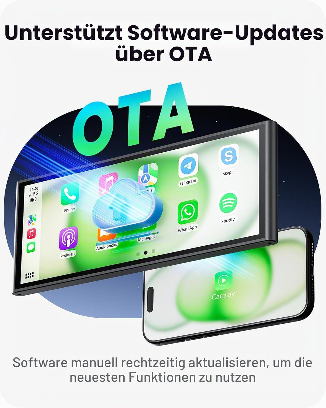 9,26" Wireless Car Play Display für Apple CarPlay &amp; Android Auto – Tragbares Auto-Display mit Rückfa