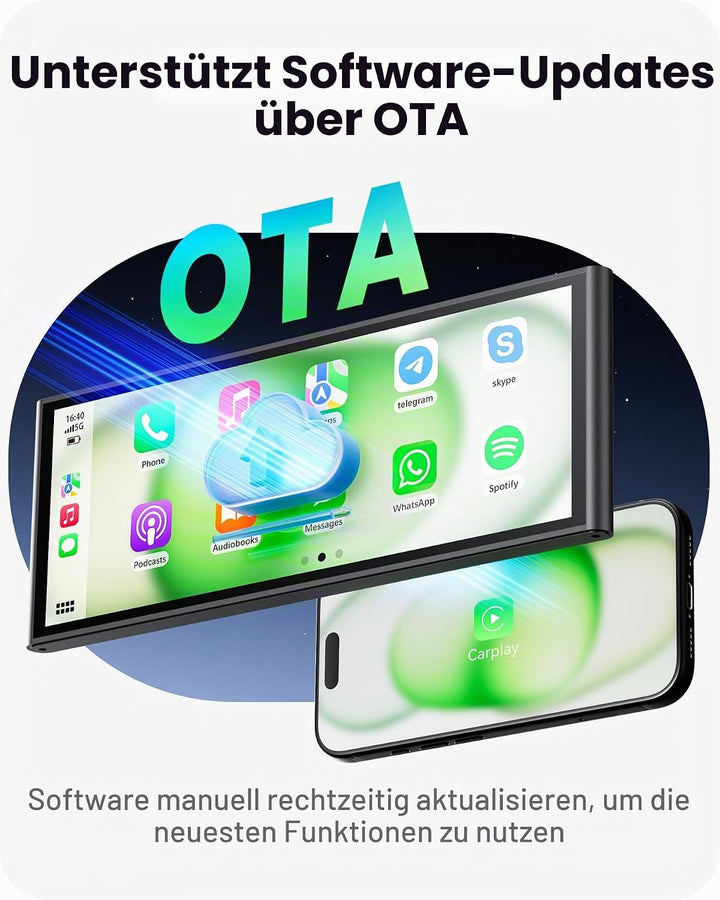 9,26" Wireless Car Play Display für Apple CarPlay &amp; Android Auto – Tragbares Auto-Display mit Rückfa