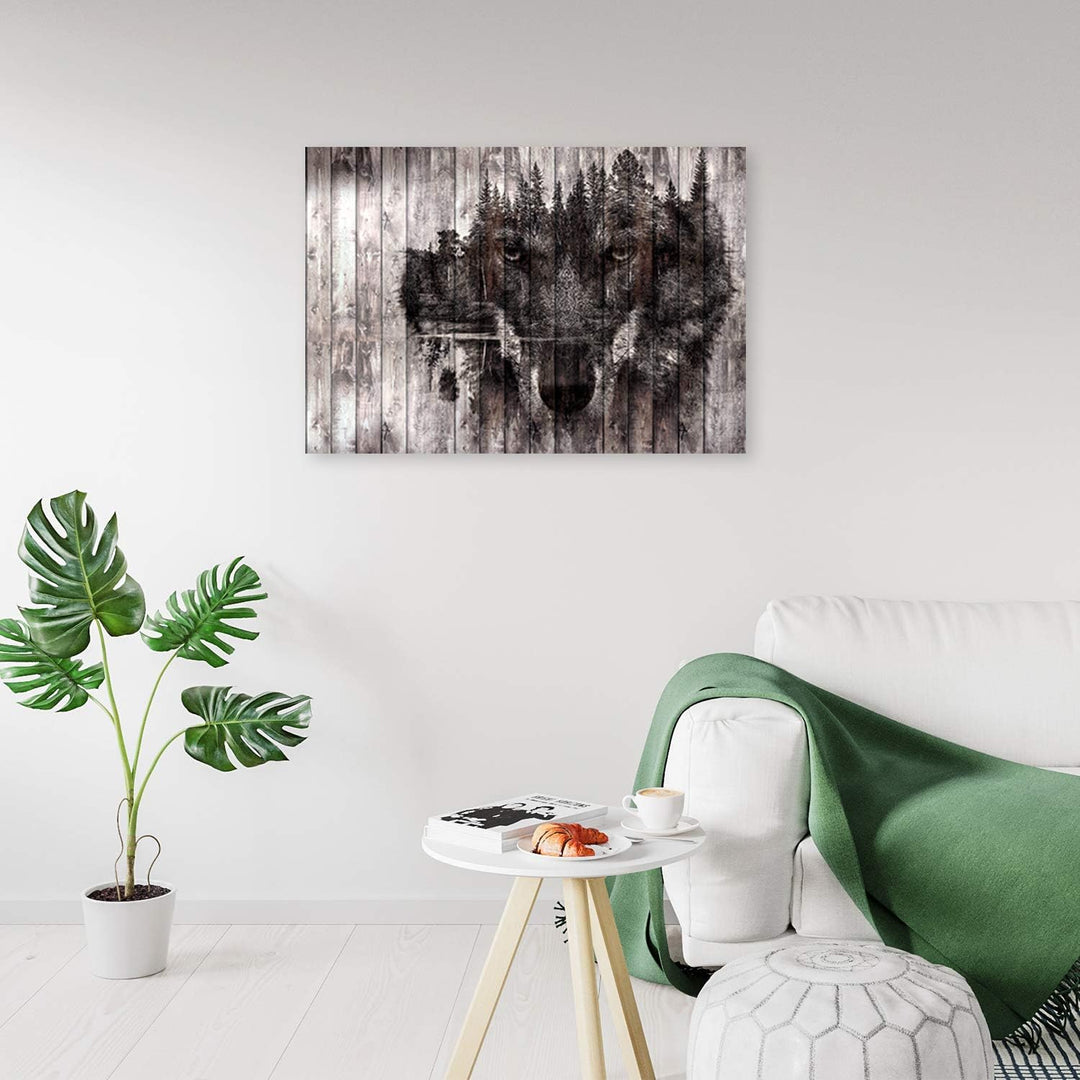 Feeby Bilder Wolf Holz Wald im Nebel XXL 120x80 cm 1Teilig Wohnzimmer Schlafzimmer Wandbilder Leinwa