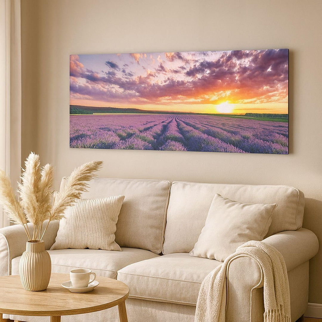 Wandbilder Dekoration Wohnzimmer Lavendel Berge Feld Panorama Bilder auf Leinwand 120x50cm Leinwandb