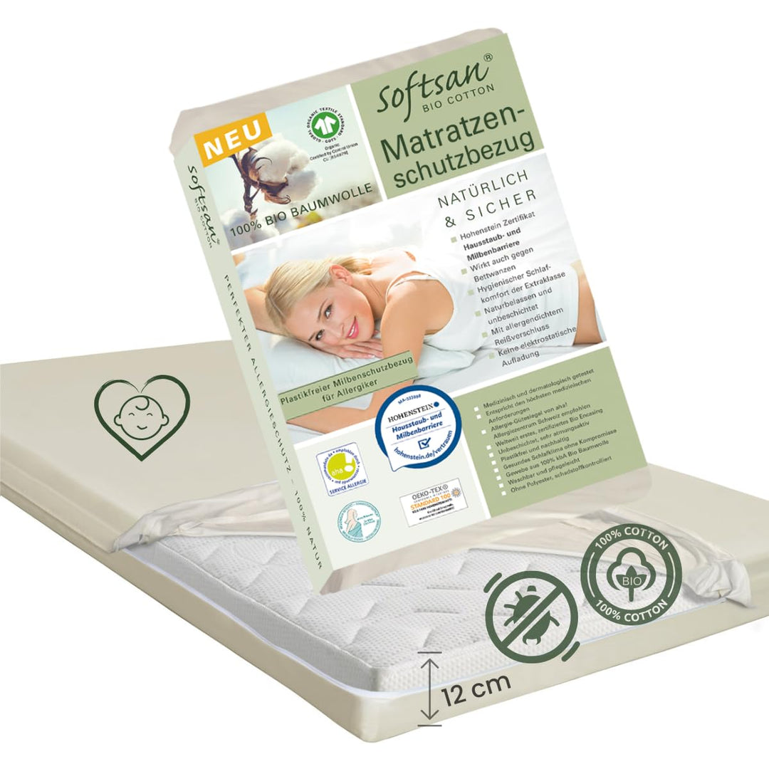 Softsan Encasing für Kinder Matratzen aus Bio Baumwolle | Schutzbezug für Allergiker | Anti Milben S