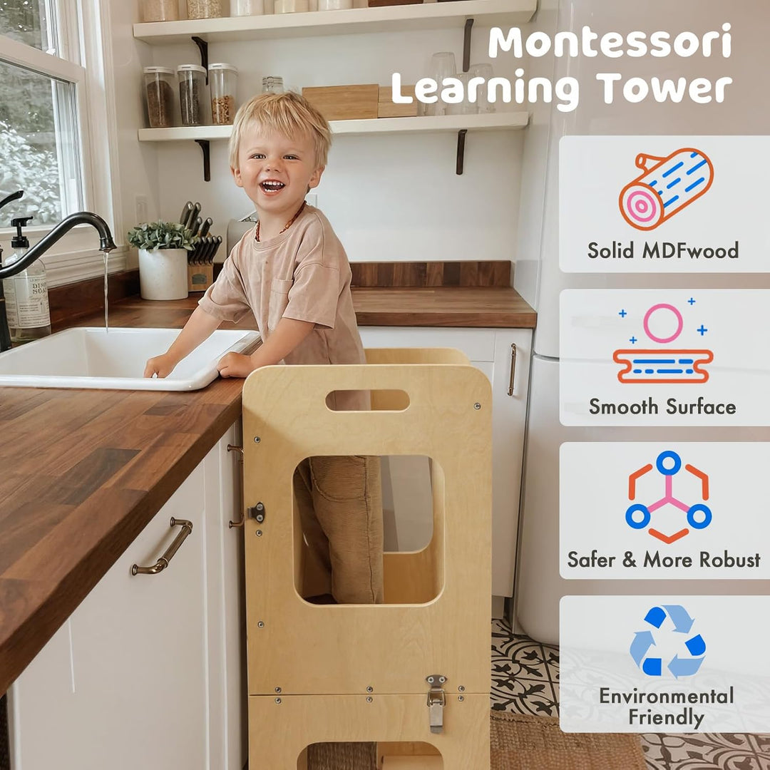 Labebe Lernturm für Kinder, Faltbarer Montessori Learning Tower, 3 in 1 Tritthocker Lernstuhl Kinder