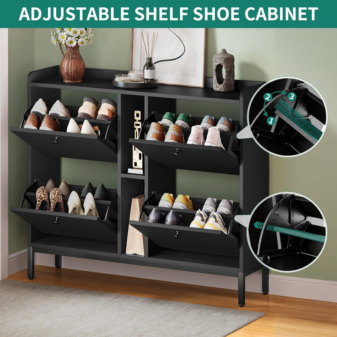 YITAHOME Schuhschrank Schmal mit 4 Klappen, 108 x 27.5 x 95.5 cm für 16 Paar Schuhe mit 2 Offene Reg