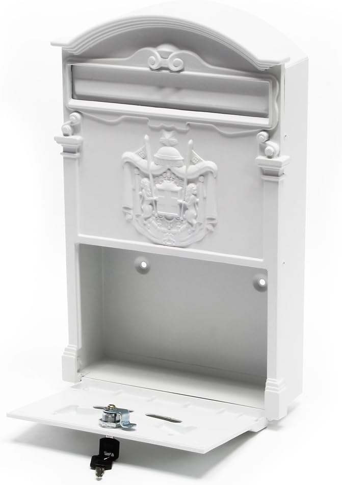 Wiltec Briefkasten Antik Design weiss 260 x 90 x 400 mm, Wandbriefkasten mit Schloss, Namensschild u