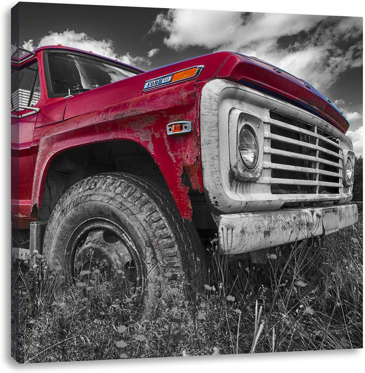 Pixxprint Truck in USA auf Blumenwiese 70x70cm Leinwandbild Wandbild Kunstdruck, 70x70