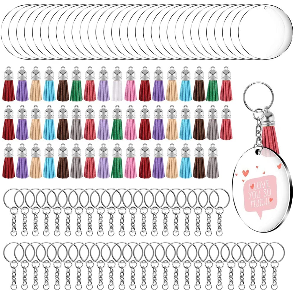 200 Stück Acryl-Schlüsselanhänger-Rohlinge, Quasten-Set, inklusive Schlüsselringen mit Kette und Bie