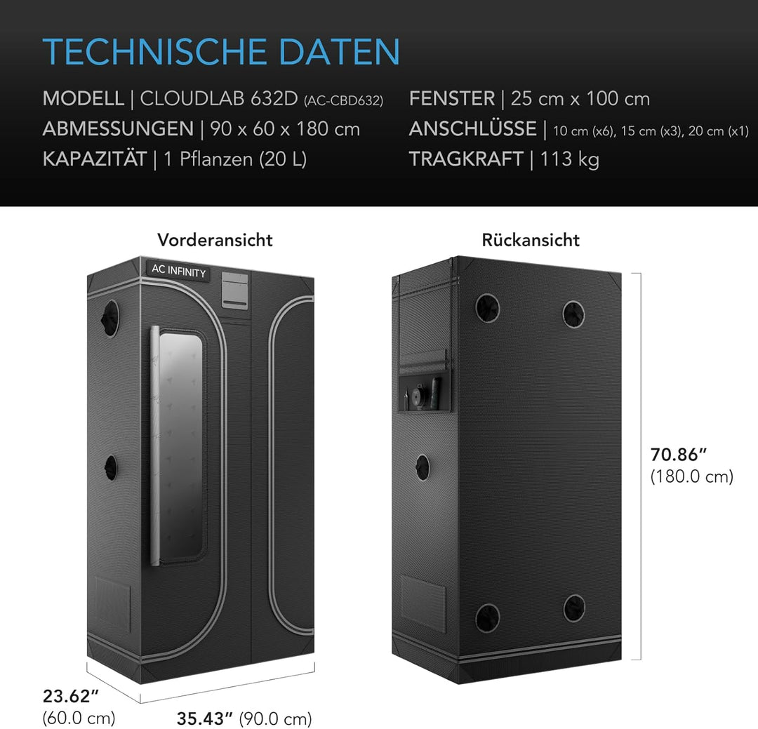 AC Infinity CLOUDLAB 632D 2-in-1 Advance Wachstumszelt, 91,4 x 61 x 182,9 cm, dickste 2,5 cm, Stange