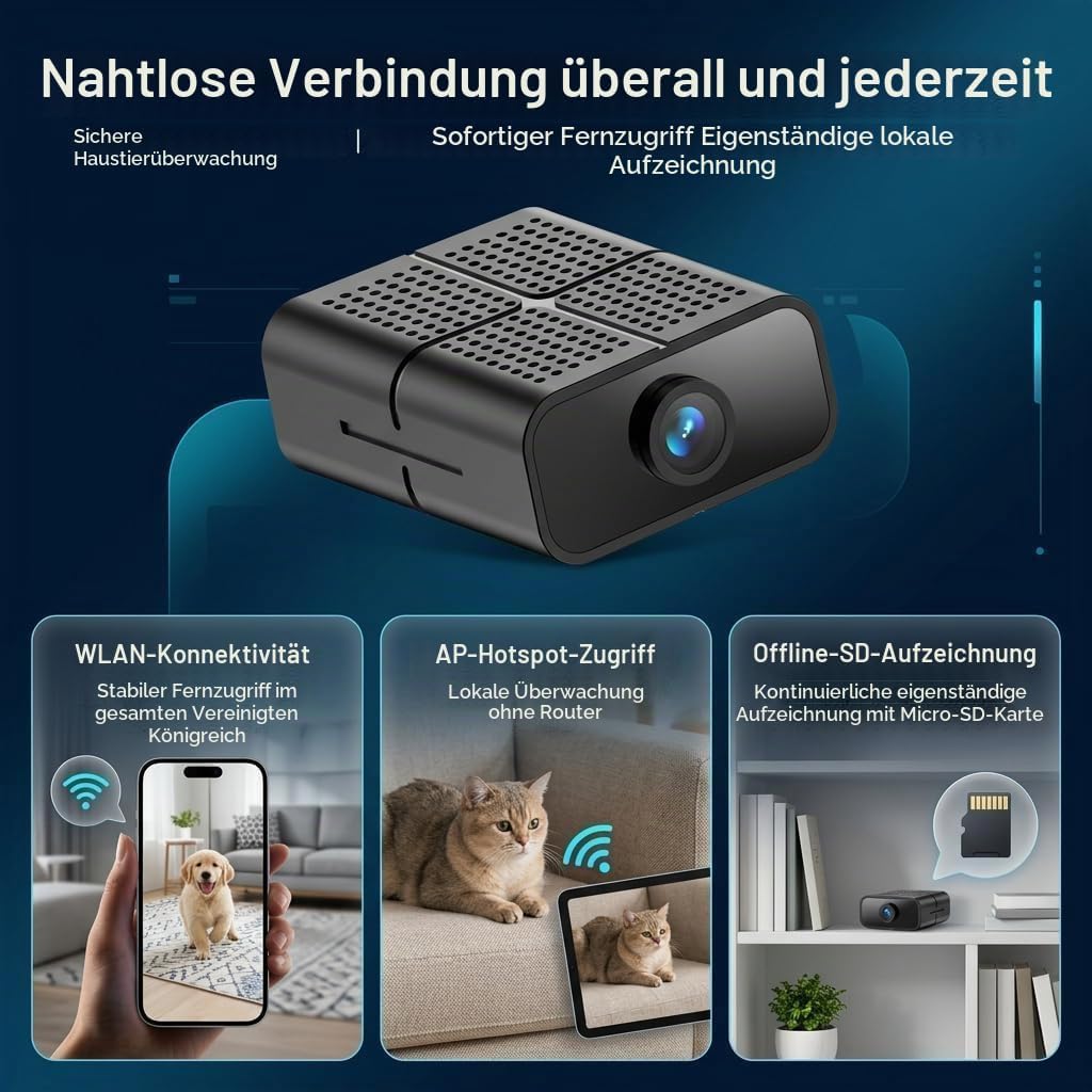 4K Mini Kamera, 2.4/5 Ghz WLAN Innenkamera 150° Weitwinkel &amp; Nachtsicht Objektiv automatische, Beweg