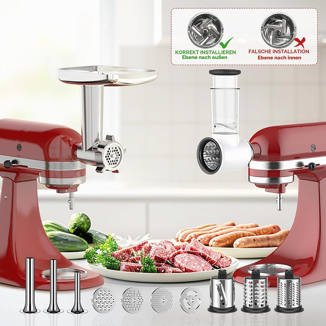 COFUN Fleischwolf Aufsatz für Kitchenaid Zubehör, Metall Fleischwolf Satz mit 4 Mahlscheibe 3 Wurstf