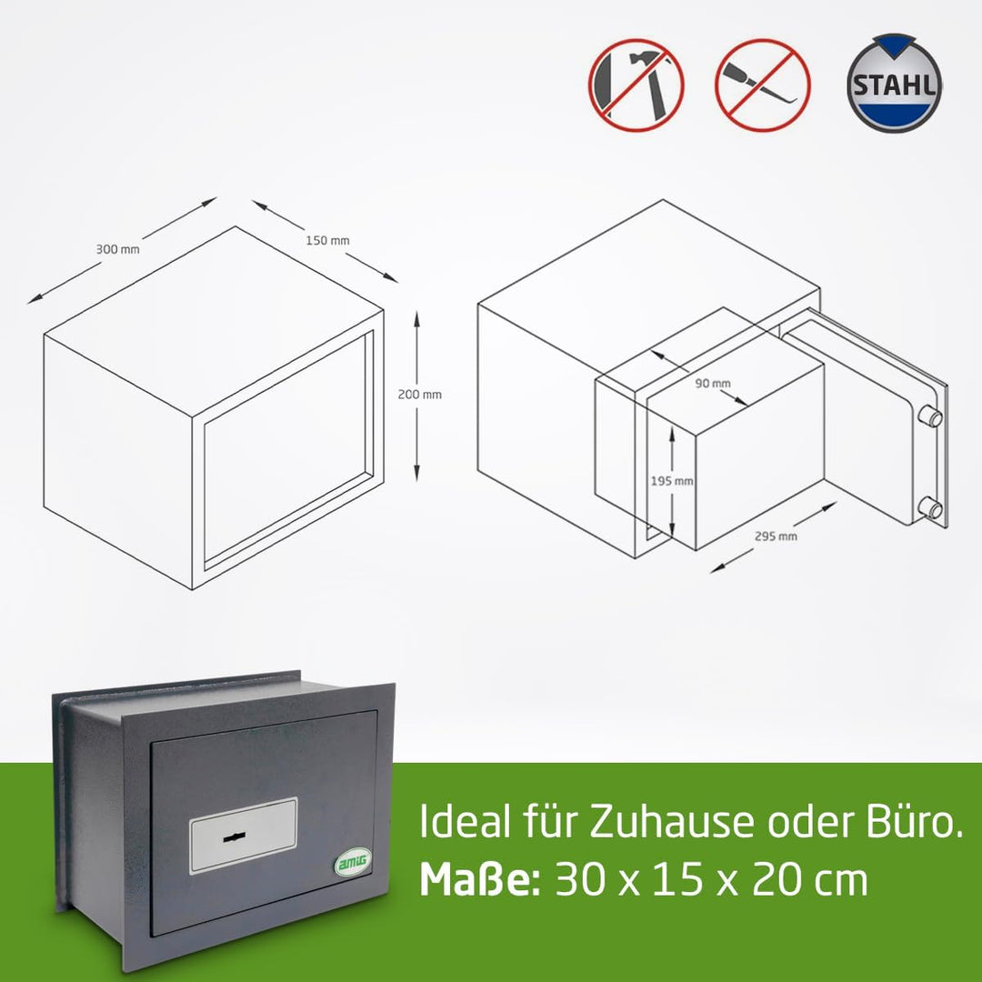 Amig - Einbautresor mit Chubbschloss | Stahlbolzen Ø 20 mm | Diskretes Design für Wandmontage | Mech