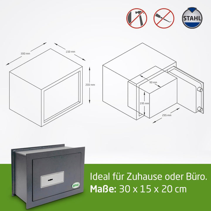 Amig - Einbautresor mit Chubbschloss | Stahlbolzen Ø 20 mm | Diskretes Design für Wandmontage | Mech